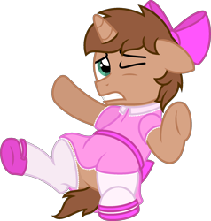Size: 1629x1708 | Tagged: safe, artist:peternators, oc, oc only, oc:heroic armour, pony, unicorn, bow, clothes, colt, crossdressing, dress, foal, hair bow, male, mary janes, one eye closed, ribbon, shoes, simple background, socks, thigh highs, transparent background