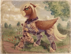 Size: 1988x1495 | Tagged: safe, artist:thatonegib, oc, oc:star crossed, bat pony, pegasus, pony, armor, chainmail, digital art, frown, looking at you, painting, realistic, scenery, solo