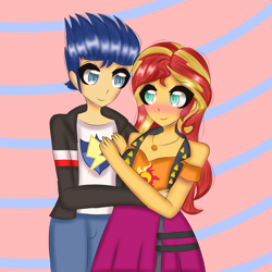 Size: 1000x1000 | Tagged: safe, artist:trinaoctoling07, flash sentry, sunset shimmer, human, equestria girls, g4, blushing, commission, female, male, ship:flashimmer, shipping, straight