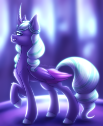 Size: 2200x2700 | Tagged: safe, artist:shad0w-galaxy, opaline arcana, alicorn, pony, g5, my little pony: make your mark, spoiler:g5, spoiler:my little pony: make your mark, chest fluff, ear fluff, female, full body, gradient horn, high res, horn, mare, raised hoof, slender, smiling, solo, thin, unshorn fetlocks, wing fluff, wings