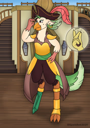 Size: 905x1280 | Tagged: safe, artist:sparkbolt3020, captain celaeno, discord, avian, ornithian, g4, avian to human, ear piercing, earring, hat, jewelry, piercing, pirate hat, pre-transformation, ring, story included, transformation, transformation sequence