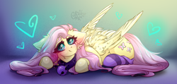 Size: 4218x2004 | Tagged: safe, artist:rico_chan, fluttershy, pegasus, pony, g4, bell, bell collar, cat bell, clothes, collar, collar bell, ear fluff, sketch, socks, solo, striped socks