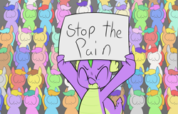 Size: 1687x1080 | Tagged: safe, artist:happy harvey, spike, dragon, pony, g4, background pony, crying, drawthread, eyes closed, female, generic pony, holding sign, lip bite, male, mare, phone drawing, ponified, sign, stallion