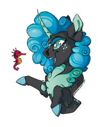 Size: 1280x1657 | Tagged: safe, artist:drawingjules, oc, oc only, seahorse, seapony (g4), unicorn, blue eyes, blue mane, female, horn, mare, open mouth, seaponified, simple background, smiling, solo, species swap, teeth, transparent background, wingding eyes