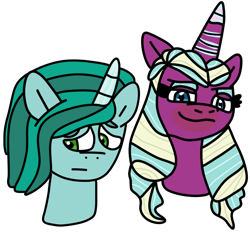 Size: 1040x970 | Tagged: safe, artist:jadeharmony, misty brightdawn, opaline arcana, pony, unicorn, g5, my little pony: make your mark, spoiler:g5, spoiler:my little pony: make your mark, bust, duo, eyeshadow, female, makeup, mare, simple background, smiling, smirk, transparent background