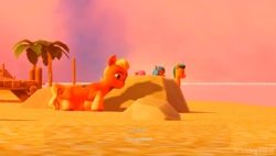 Size: 1906x1080 | Tagged: safe, screencap, hitch trailblazer, izzy moonbow, sprout cloverleaf, sunny starscout, earth pony, pony, unicorn, g5, my little pony: a maretime bay adventure, spoiler:g5, female, game screencap, hiding, listening, male, mare, ocean, palm tree, sand, spying, stallion, tree, video game, water