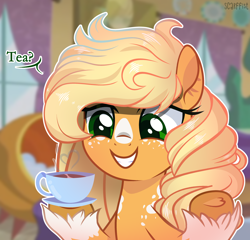 Size: 3000x2875 | Tagged: safe, artist:scarffist, applejack, earth pony, pony, g4, alternate hairstyle, commission, cup, cute, female, food, freckles, grin, heart, high res, jackabetes, mare, markings, redesign, scar, smiling, solo, tea, teacup, unshorn fetlocks, ych result