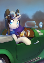 Size: 1124x1600 | Tagged: safe, artist:asimos, rarity, pony, unicorn, g4, aviator goggles, aviator hat, car, colored pupils, goggles, hat, helmet, looking back, solo