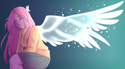 Size: 3375x1866 | Tagged: safe, artist:lunarunah, fluttershy, butterfly, human, blushing, clothes, cute, female, humanized, shyabetes, skirt, solo, sweater, sweatershy, winged humanization, wings