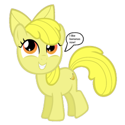 Size: 720x720 | Tagged: safe, artist:pagiepoppie12345, apple bloom, earth pony, pony, banana, bananabloom, bow, dialogue, dishonorapple, female, filly, foal, food, hair bow, mare, simple background, smiling, speech bubble, text, transparent background