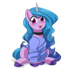 Size: 1050x1050 | Tagged: safe, artist:riouku, izzy moonbow, pony, unicorn, g5, :p, choker, clothes, commission, cute, izzybetes, looking at you, simple background, tongue out, white background