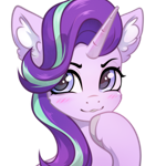 Size: 2000x2000 | Tagged: safe, artist:inowiseei, starlight glimmer, pony, unicorn, collaboration:choose your starlight, blushing, bust, collaboration, ear fluff, eyebrows, female, grin, high res, hoof on chin, mare, simple background, smiling, solo, thinking, transparent background