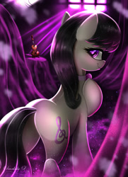 Size: 1625x2250 | Tagged: safe, artist:darksly, octavia melody, earth pony, pony, g4, butt, cello, female, looking back, mare, musical instrument, plot, smiling, spotlight
