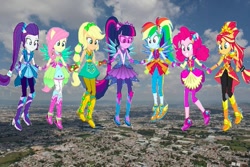Size: 735x490 | Tagged: safe, edit, applejack, fluttershy, pinkie pie, rainbow dash, rarity, sci-twi, sunset shimmer, twilight sparkle, human, equestria girls, g4, my little pony equestria girls: legend of everfree, alternate hairstyle, boots, clothes, cowboy boots, crystal guardian, gloves, high heel boots, holding hands, humane five, humane seven, humane six, ponied up, shoes, super ponied up