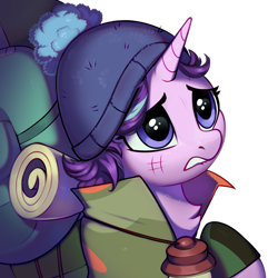 Size: 2000x2000 | Tagged: safe, artist:taneysha, starlight glimmer, pony, unicorn, collaboration:choose your starlight, g4, the mean 6, backpack, bag, blue eyes, camping outfit, collaboration, cute, female, hat, high res, lantern, messy mane, sad, saddle bag, sadlight glimmer, sadorable, scene interpretation, simple background, solo, transparent background