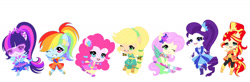 Size: 1562x511 | Tagged: safe, artist:ocean-drop, applejack, fluttershy, pinkie pie, rainbow dash, rarity, sci-twi, sunset shimmer, twilight sparkle, human, equestria girls, g4, chibi, crystal guardian, humane five, humane seven, humane six, ponied up, simple background, super ponied up, white background