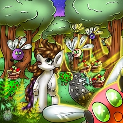 Size: 1000x1000 | Tagged: safe, artist:lovelylandarts, oc, oc only, oc:cj vampire, earth pony, insect, parasprite, pony, g4, swarm of the century, apple, apple tree, attack, berry bush, brown mane, brown tail, bush, crepuscular rays, digital art, fanart, food, forest, grass, gray coat, green eyes, looking up, night, parasite, path, shocked, shocked expression, swarm, tail, tree