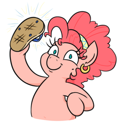 Size: 482x504 | Tagged: safe, artist:jargon scott, pinkie pie, earth pony, pony, g4, alternate design, chanclas, ear piercing, earring, equus-477, female, hoof hold, hooped earrings, jewelry, la chancla, latina pinkie pie, looking at you, mare, mole, no mercy, no pupils, piercing, sandal, sandals, simple background, solo, this will end in pain, white background