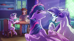 Size: 1920x1080 | Tagged: safe, artist:lupiarts, rarity, starlight glimmer, twilight sparkle, alicorn, human, pony, unicorn, g4, chair, coffee, coffee mug, depth of field, floppy ears, laughing, mug, sitting, twilight sparkle (alicorn)