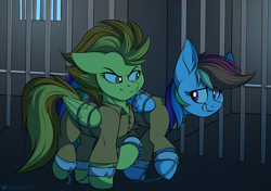 Size: 3236x2278 | Tagged: safe, artist:notetaker, rainbow dash, spitfire, pegasus, pony, g4, bound wings, clothes, commission, commissioner:rainbowdash69, cuffed, duo, high res, jumpsuit, never doubt rainbowdash69's involvement, prison outfit, prisoner, prisoner rd, wings