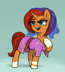 Size: 1950x2170 | Tagged: safe, artist:t72b, stellar flare, pony, unicorn, g4, alternate design, bracelet, clothes, coat markings, dress, ear piercing, earring, female, grin, horn, horn ring, jewelry, mare, necklace, open mouth, open smile, piercing, raised eyebrow, ring, simple background, smiling, socks (coat markings), solo, veil