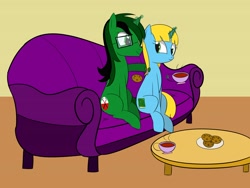Size: 4000x3000 | Tagged: safe, artist:bestponies, oc, oc only, oc:fernando jesús, oc:sunshine denom, pony, unicorn, art trade, birthday, bow, cookie, couch, cup, female, food, glasses, hair bow, looking at each other, looking at someone, magic, male, mare, plate, sitting, smiling, stallion, table, tea, telekinesis