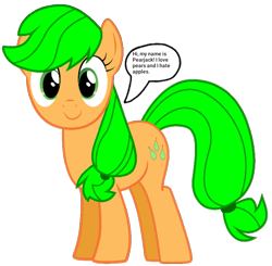 Size: 737x722 | Tagged: safe, artist:pagiepoppie12345, applejack, earth pony, pony, g4, dialogue, dishonorapple, female, food, fruit heresy, hatless, mare, missing accessory, pear, pearesy, pearjack, simple background, smiling, speech bubble, text, transparent background