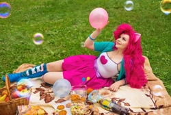 Size: 1080x724 | Tagged: safe, artist:luckycharm47, pinkie pie, human, equestria girls, g4, bubble, clothes, cosplay, costume, irl, irl human, photo, solo