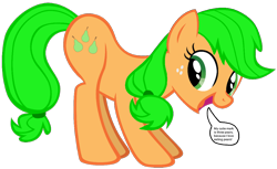 Size: 1076x657 | Tagged: safe, artist:pagiepoppie12345, applejack, earth pony, pony, g4, dialogue, dishonorapple, female, food, hatless, mare, missing accessory, pear, pearjack, simple background, smiling, speech bubble, text, transparent background
