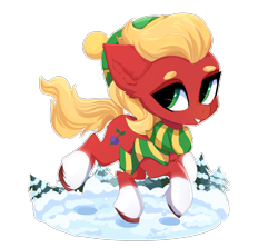 Size: 4000x3560 | Tagged: safe, alternate version, artist:xsatanielx, sprout cloverleaf, earth pony, pony, g5, beanbrows, clothes, cute, ear fluff, eyebrows, hat, high res, male, scarf, simple background, smiling, snow, solo, sproutbetes, stallion, striped scarf, transparent background, winter