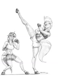 Size: 1000x1338 | Tagged: safe, artist:baron engel, tempest shadow, oc, oc:skyfall, unicorn, anthro, unguligrade anthro, g4, boxing gloves, clothes, gym uniform, horn, kickboxing, kicking, martial arts, patreon, patreon reward, pencil drawing, simple background, sparring, traditional art, unicorn oc, white background