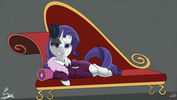 Size: 4800x2700 | Tagged: safe, artist:engi, rarity, pony, unicorn, g4, rarity investigates, bedroom eyes, clothes, couch, draw me like one of your french girls, eyeshadow, female, looking at you, makeup, simple background, smiling, solo