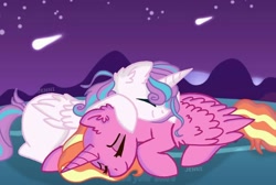 Size: 1076x722 | Tagged: safe, artist:kawaiibrxny, luster dawn, princess flurry heart, alicorn, pony, unicorn, g4, alicornified, cuddling, female, flurrydawn, heart eyes, lesbian, race swap, shipping, sleeping