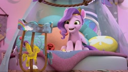 Size: 2252x1264 | Tagged: safe, screencap, pipp petals, pegasus, pony, g5, my little pony: make your mark, my little pony: make your mark chapter 1, spoiler:g5, spoiler:my little pony: make your mark, bed, broken, female, happy, lantern, mare, pillow, smiling