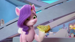 Size: 2236x1258 | Tagged: safe, screencap, pipp petals, pegasus, g5, my little pony: make your mark, spoiler:g5, food, nom, pizza, smiling