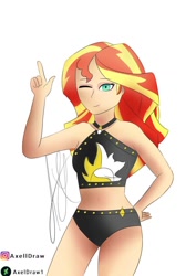 Size: 724x1024 | Tagged: safe, artist:axeldraw1, sunset shimmer, equestria girls, bare shoulders, bikini, clothes, eyebrows, eyebrows visible through hair, female, hand on hip, human coloration, one eye closed, signature, simple background, sleeveless, solo, sunset shimmer's beach shorts swimsuit, swimsuit, white background