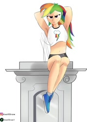 Size: 718x1005 | Tagged: safe, artist:axeldraw1, rainbow dash, equestria girls, arm behind head, armpits, belly button, female, human coloration, multicolored hair, rainbow hair, simple background, solo, white background