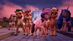 Size: 1280x720 | Tagged: safe, screencap, hitch trailblazer, izzy moonbow, pipp petals, sprout cloverleaf, sunny starscout, zipp storm, earth pony, pegasus, pony, unicorn, g5, my little pony: a maretime bay adventure, spoiler:g5, coat markings, colored hooves, female, frown, happy, hooves, male, mare, raised leg, smiling, stallion, video game