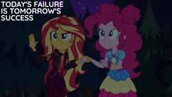 Size: 1920x1080 | Tagged: safe, edit, edited screencap, editor:quoterific, screencap, pinkie pie, sunset shimmer, human, equestria girls, equestria girls specials, g4, my little pony equestria girls: better together, my little pony equestria girls: sunset's backstage pass, clothes, cutie mark on clothes, duo, duo female, female, geode of empathy, geode of sugar bombs, grin, magical geodes, music festival outfit, night, smiling, text