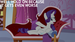 Size: 1920x1080 | Tagged: safe, edit, edited screencap, editor:quoterific, screencap, rarity, pony, unicorn, g4, ppov, season 6, carousel boutique, couch, female, mare, open mouth, solo, text