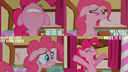 Size: 4400x2475 | Tagged: safe, edit, edited screencap, editor:quoterific, screencap, pinkie pie, earth pony, pony, g4, season 2, the cutie pox, eyes closed, female, floppy ears, mare, nose in the air, open mouth, solo, sugarcube corner, text