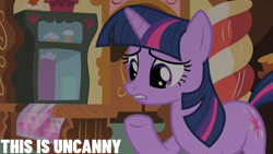 Size: 1920x1080 | Tagged: safe, edit, edited screencap, editor:quoterific, screencap, twilight sparkle, pony, unicorn, g4, season 1, the cutie mark chronicles, candy, female, food, lollipop, mare, solo, sugarcube corner, text, unicorn twilight