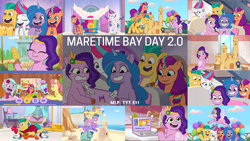 Size: 1974x1111 | Tagged: safe, edit, edited screencap, editor:quoterific, screencap, dahlia, delightful trifle, hitch trailblazer, izzy moonbow, kenneth, mcsnips-a-lot, pipp petals, posey bloom, sugarpuff lilac, sunny starscout, zipp storm, bird, crab, earth pony, pegasus, pony, seagull, unicorn, g5, maretime bay day 2.0, my little pony: tell your tale, spoiler:g5, spoiler:my little pony: tell your tale, spoiler:tyts01e11, balloon, believe it, blender (object), computer, corn, eyes closed, female, food, grin, laptop computer, mane five, mane stripe sunny, mare, open mouth, open smile, reprise, smiling, spread wings, text, wings