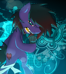 Size: 834x940 | Tagged: safe, artist:zeffdakilla, oc, oc only, oc:frankie fang, pony, 2010s, abstract background, angry, bandage, bipedal, emo, microphone, nostalgia, open mouth, singing, solo