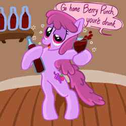 Size: 1280x1280 | Tagged: safe, artist:goreharvest, berry punch, berryshine, earth pony, pony, g4, alcohol, bipedal, drunk, female, go home you're drunk, hoof hold, mare, solo, wine