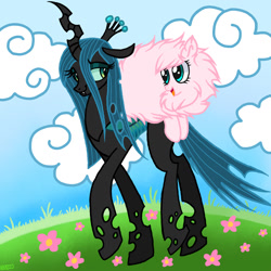 Size: 1280x1281 | Tagged: safe, artist:goreharvest, queen chrysalis, oc, oc:fluffle puff, changeling, changeling queen, earth pony, pony, g4, canon x oc, duo, female, lesbian, ship:chrysipuff, shipping