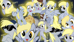 Size: 1280x720 | Tagged: safe, artist:goreharvest, derpy hooves, pegasus, pony, g4, bipedal, female, mare, muffin cannon, multeity, sunglasses, tongue out, unstoppable force of derp, wallpaper
