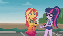 Size: 640x360 | Tagged: safe, screencap, pinkie pie, sci-twi, sunset shimmer, twilight sparkle, human, equestria girls, g4, my little pony equestria girls: better together, x marks the spot, animated, clothes, eyes closed, female, fire, fire breath, geode of empathy, geode of sugar bombs, geode of telekinesis, gif, gifs.com, glasses, green fire, magical geodes, one-piece swimsuit, open mouth, ponytail, spicy, swimsuit, trio, trio female, wasabi