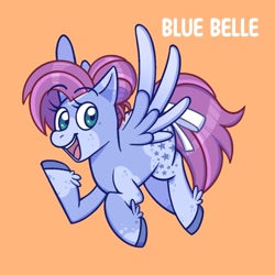 Size: 1350x1350 | Tagged: safe, artist:saggiemimms, blue belle, pegasus, pony, g1, g4, blue belle (pegasus), bluebellebetes, bow, coat markings, cute, female, flapping, g1 to g4, generation leap, hoof fluff, leg fluff, mare, open mouth, open smile, orange background, race swap, raised arm, redesign, simple background, smiling, solo, tail, tail bow, white bow