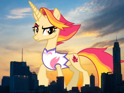 Size: 1600x1200 | Tagged: safe, artist:cheezedoodle96, artist:thegiantponyfan, edit, fire flare, pony, unicorn, g4, clothes, female, giant pony, giant unicorn, giantess, highrise ponies, irl, leotard, looking at you, macro, mare, mega giant, photo, ponies in real life, seoul, smiling, south korea